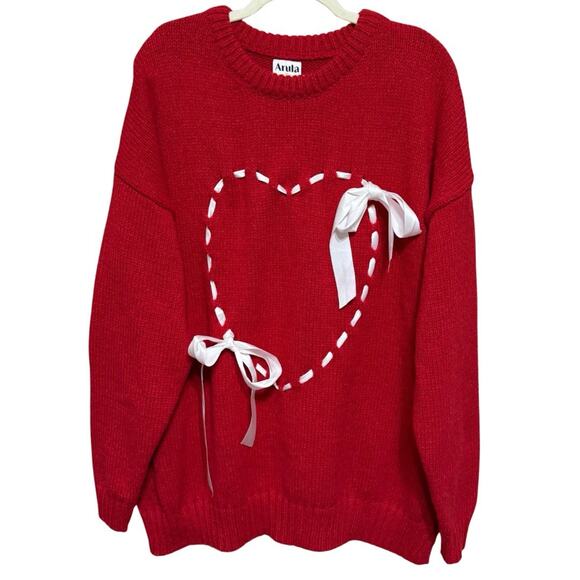 Arula Laced Ribbon Heart Crewneck Sweater Size 1X Red Soft Pullover Tunic NEW - Picture 1 of 11